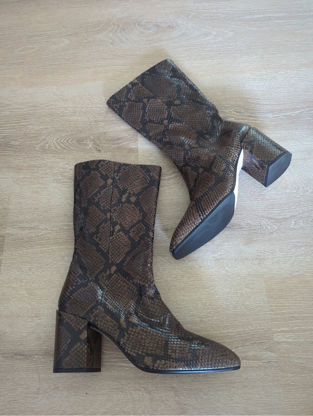 AEYDE Brown Women's Mid Calf Snakeskin Block Heel Boot 42